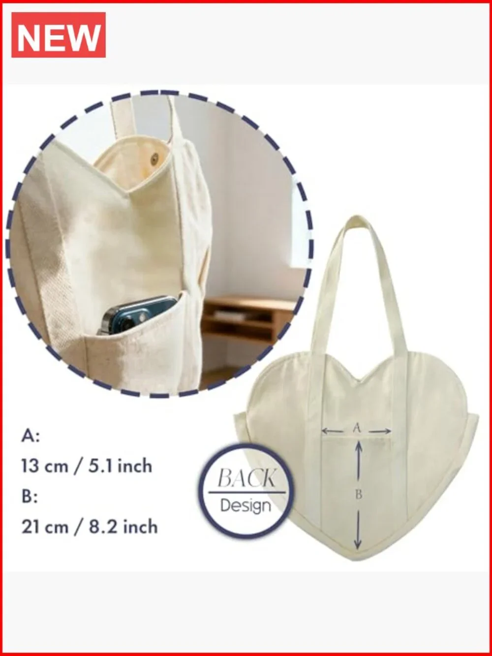 Heart Shaped Canvas Tote Bag with Pocket & Buckle, Reusable Grocery Bag